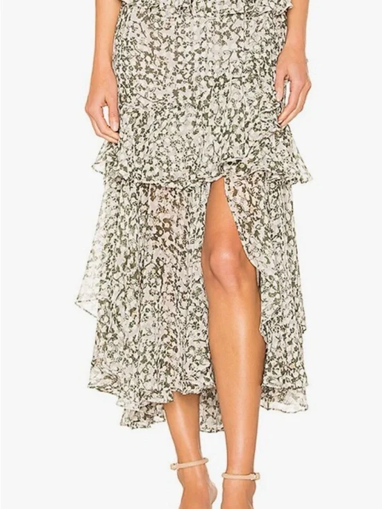 Misa Los Angeles Cream and Olive Floral High-Low Ruffle Skirt - Picture 2 of 5